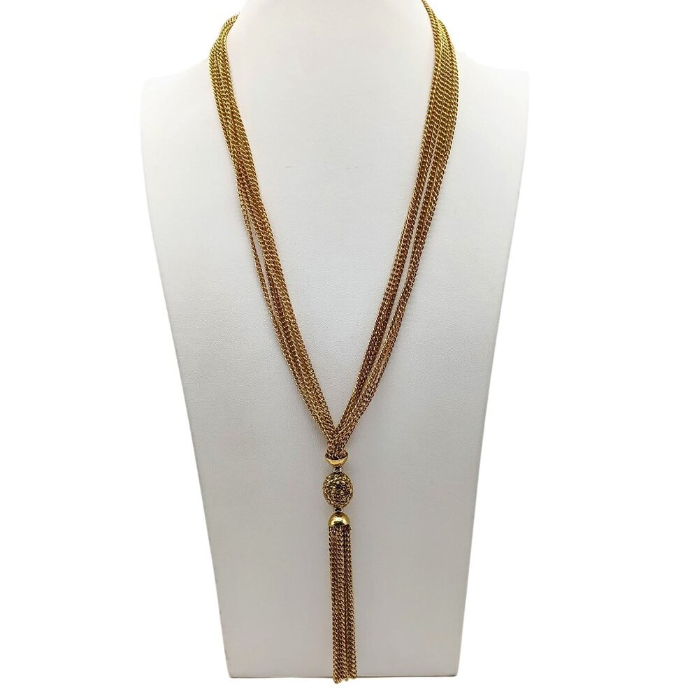 Vintage Talbots Multi Strand Chain Necklace with Tassel and Crystal Bead in Gold